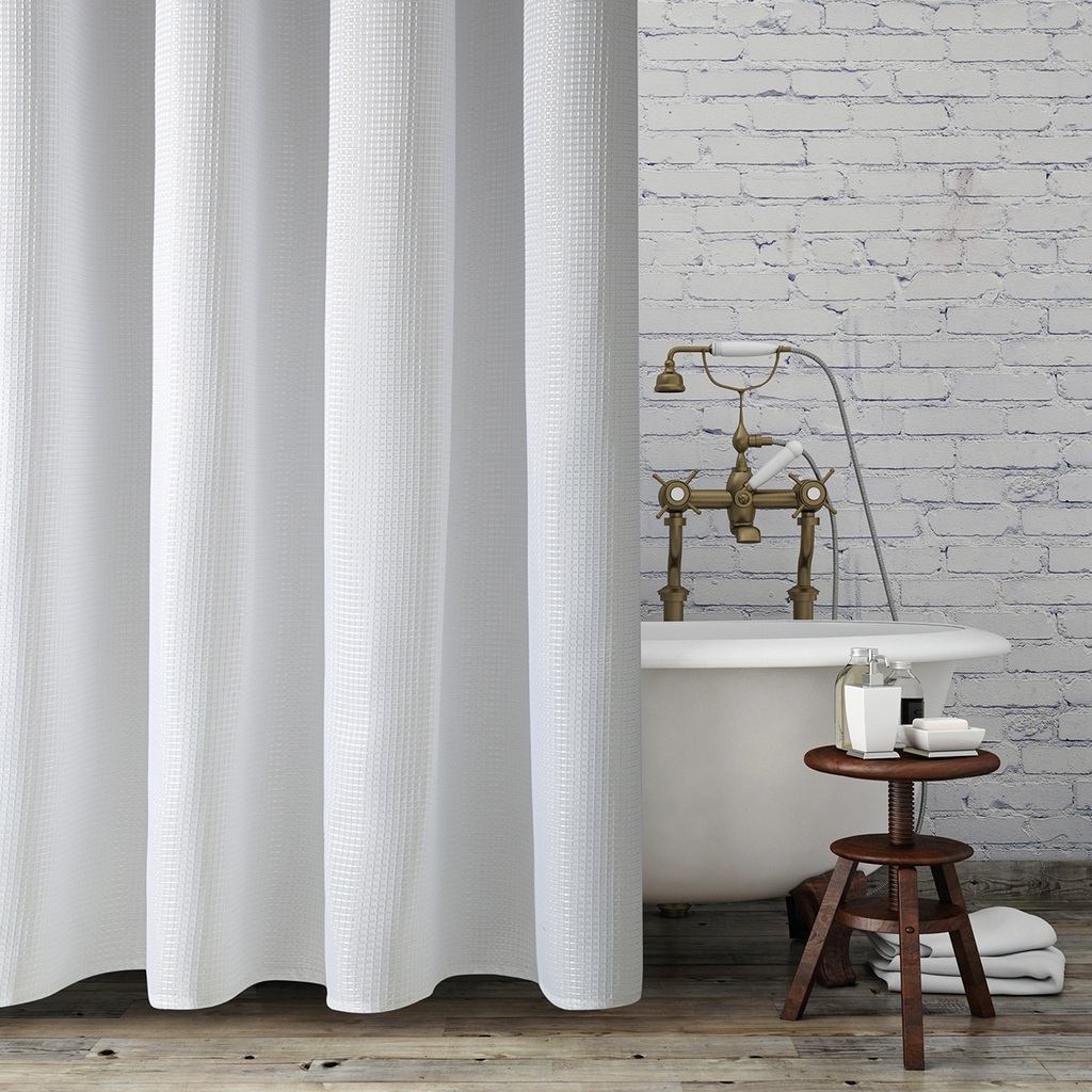 Set cortina de baño teflonada simil waffle + 12 ganchos rollers metalicos - Jean Cartier 