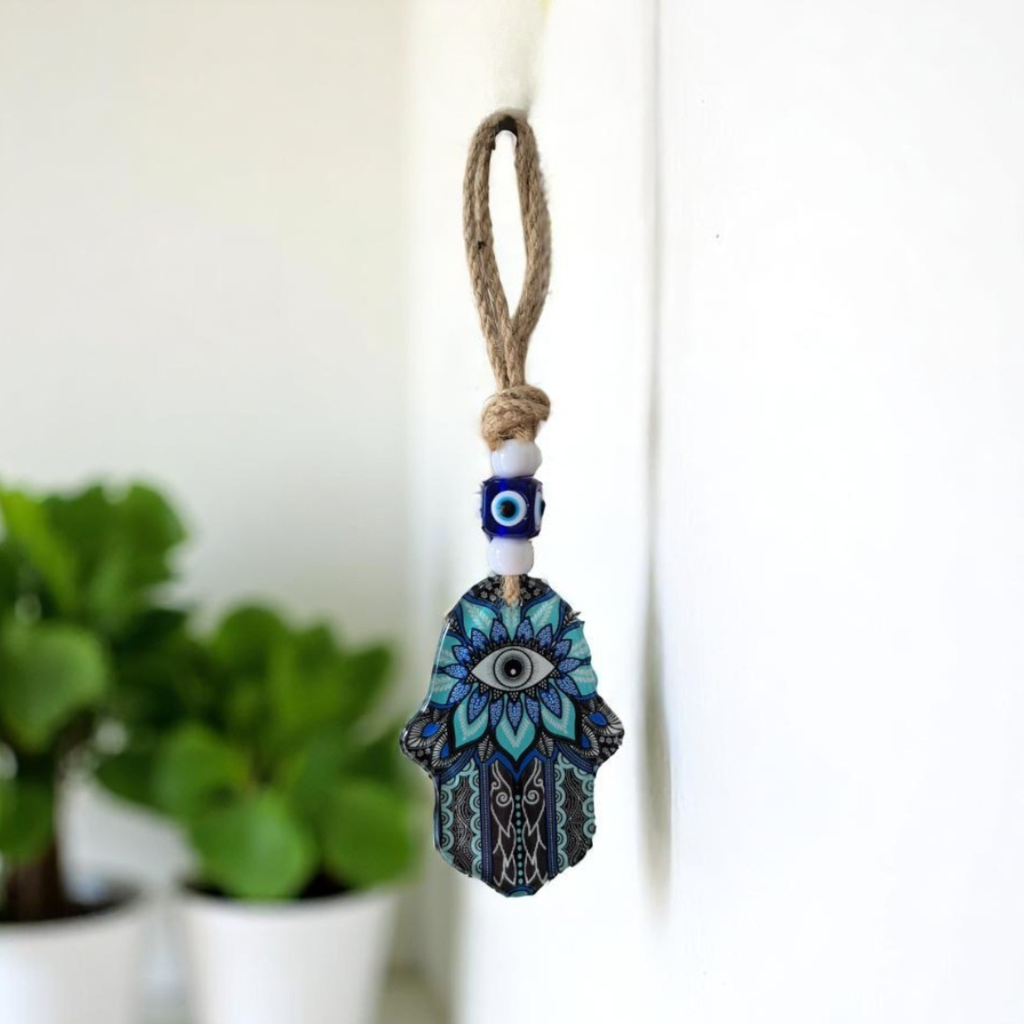 Colgante mano de fatima de vidrio 'Ojo turco'