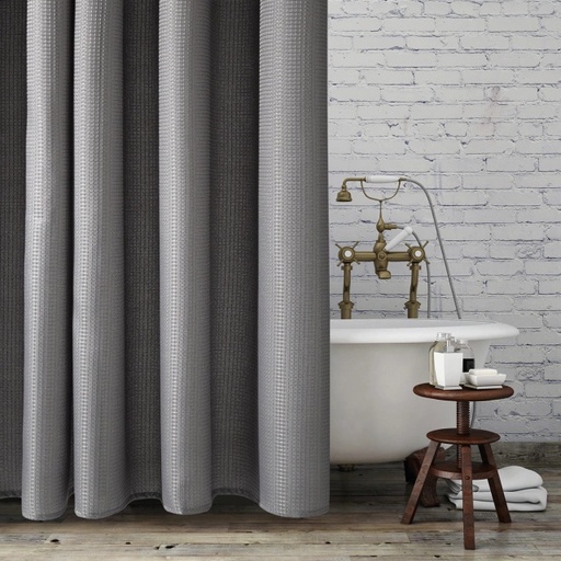 Set cortina de baño teflonada simil waffle + 12 ganchos rollers metalicos - Jean Cartier 